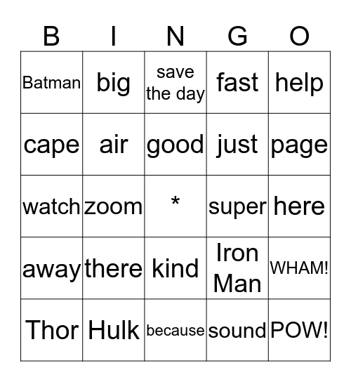 Superhero Bingo Card