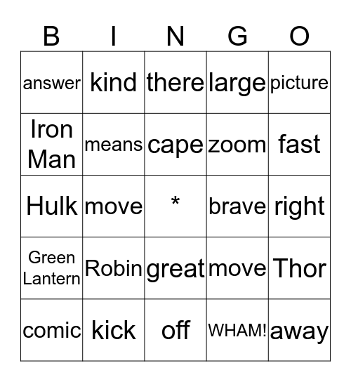 Superhero Bingo Card