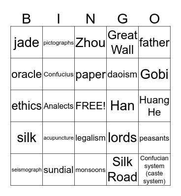 Ancient China Bingo Card
