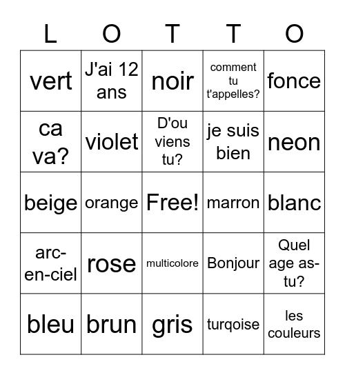 French colors & greetings Bingo Card