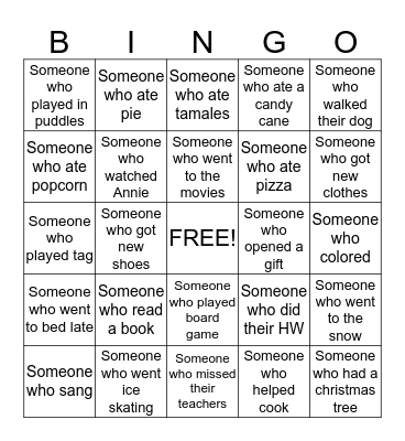 Winter Break Bingo Card