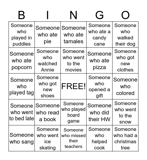 Winter Break Bingo Card