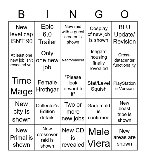 FFXIV February 2021 Announcement Event Bingo Card