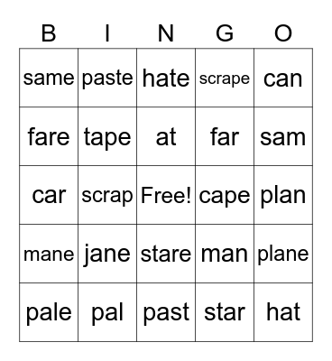 Magic E Bingo Card