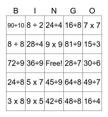 Multiplication & Division Bingo Card