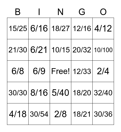 Equivalent Fraction BINGO Challenge Bingo Card