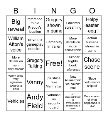 FNaF: Security Breach Reveal Bingo Card