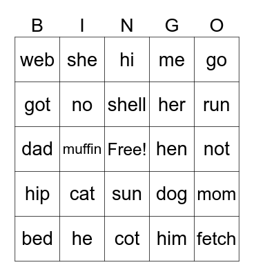 Open and Closed Syllables Bingo Card