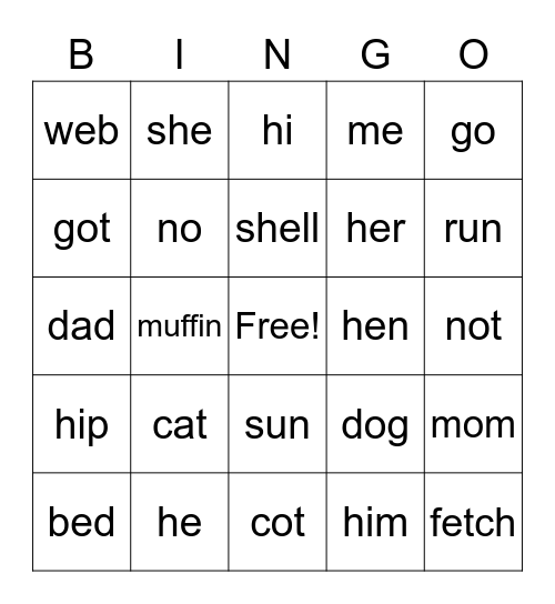 Open and Closed Syllables Bingo Card