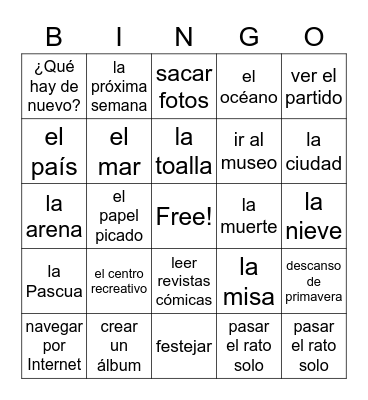 Leisure Vocab Bingo Card