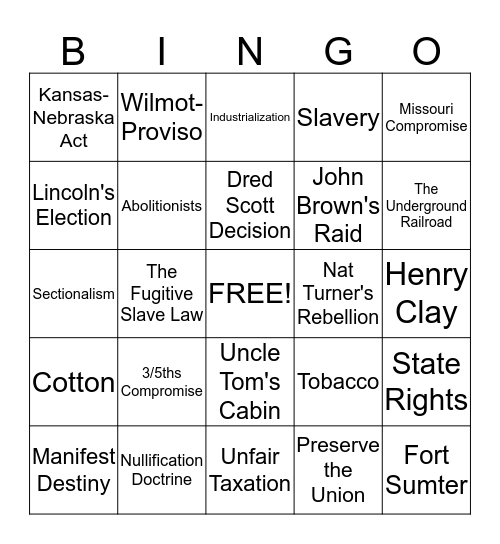 Causes of Civil War Bingo Card