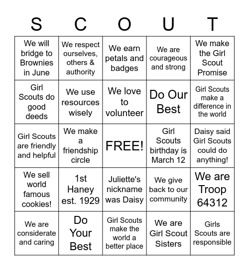 Girl Scouts Birthday BINGO Fun! Bingo Card