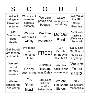 Girl Scouts Birthday BINGO Fun! Bingo Card