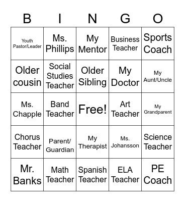 Trusted Adult BINGO Card