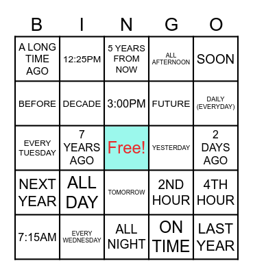 ASL2A, ASLD: Time 1-4 Bingo Card