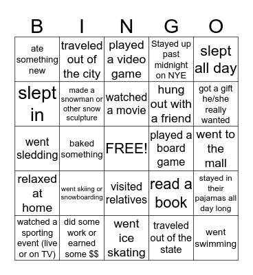 Winter Break Bingo Card