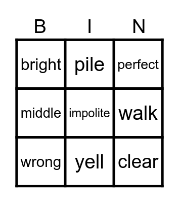 Vocabulary Words Bingo Card