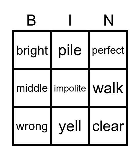 Vocabulary Words Bingo Card