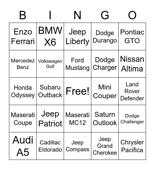 Cars Bingo Card