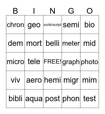 Prefixes and Roots Bingo Card