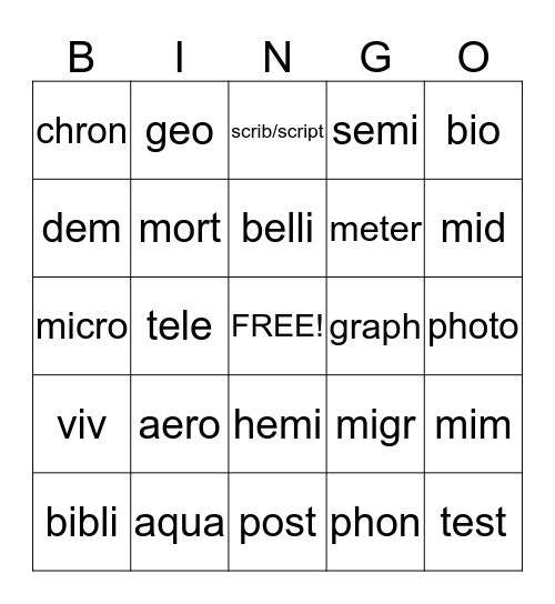 Prefixes and Roots Bingo Card