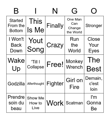 TIG Musical Bingo Card