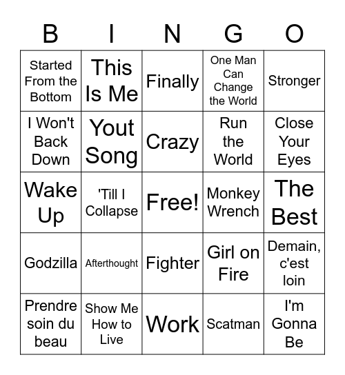 TIG Musical Bingo Card