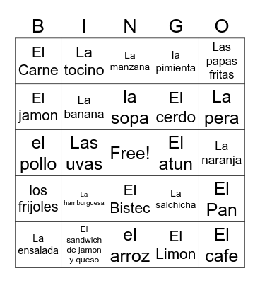 Spanish Food Vocab Bingo Card