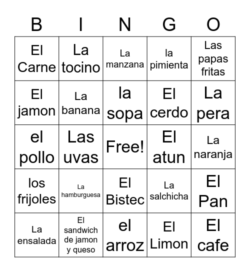 Spanish Food Vocab Bingo Card