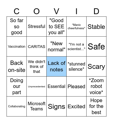 U COVID Bingo Card