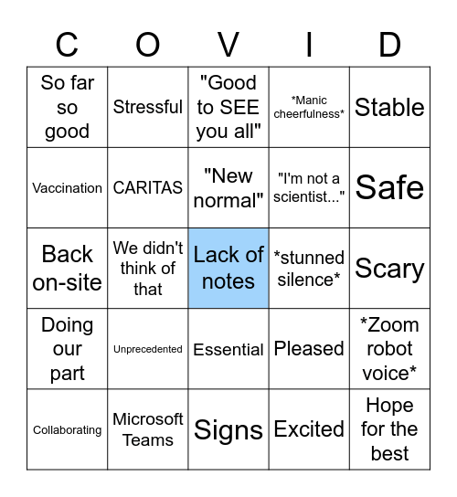 U COVID Bingo Card