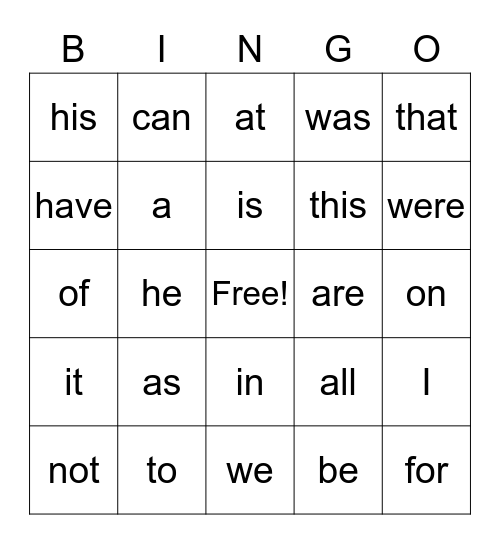 Fry's Sight Words (First 40) Bingo Card