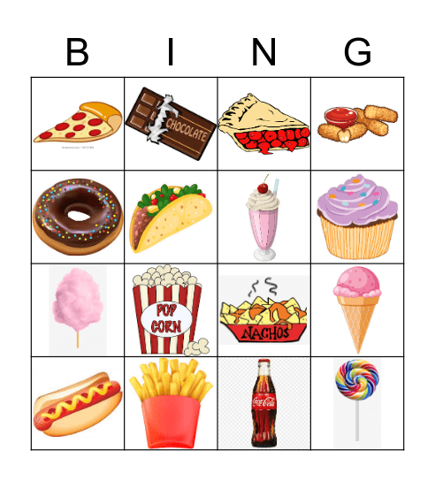 Unhealthy Food Bingo Card