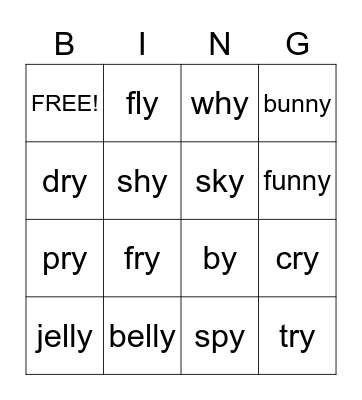 y as a vowel Bingo Card