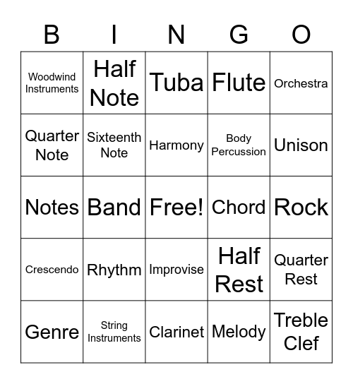 6th Grade Music Bingo! Bingo Card