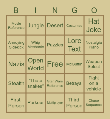 Indiana Jones Game Bingo Card
