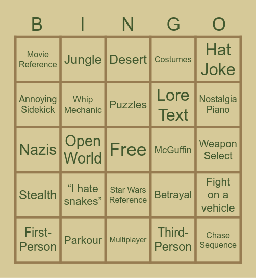 Indiana Jones Game Bingo Card