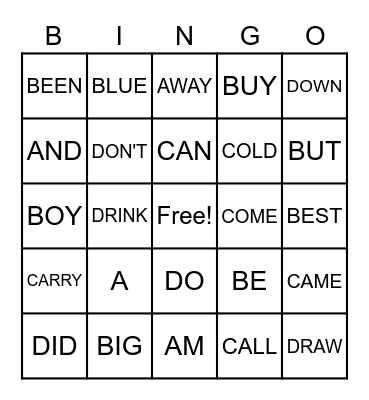 Sight Words Bingo Card