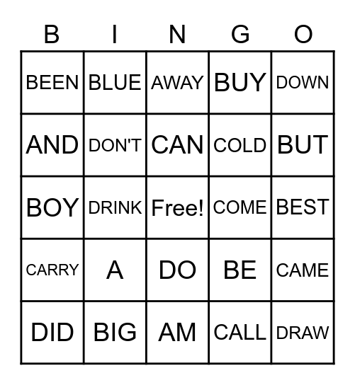 Sight Words Bingo Card