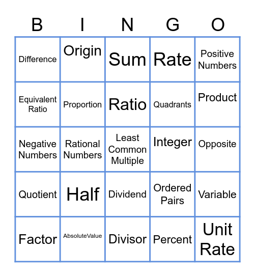 Ratio & Number System Bingo Card