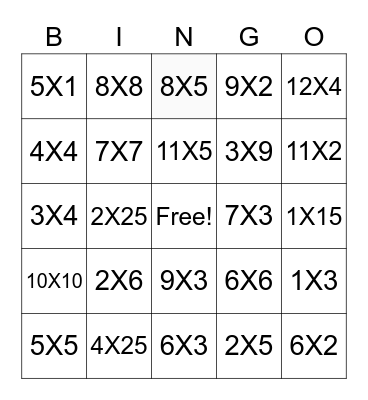 Multiplication Bingo Card