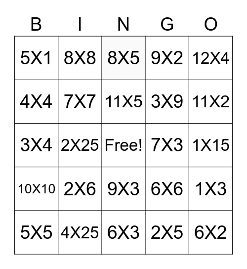 Multiplication Bingo Card