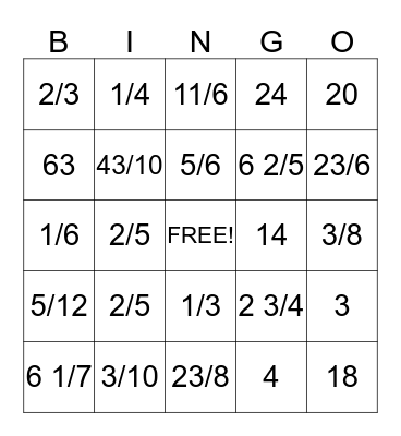 Fraction Bingo Card