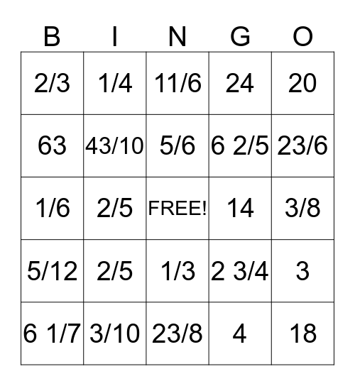 Fraction Bingo Card