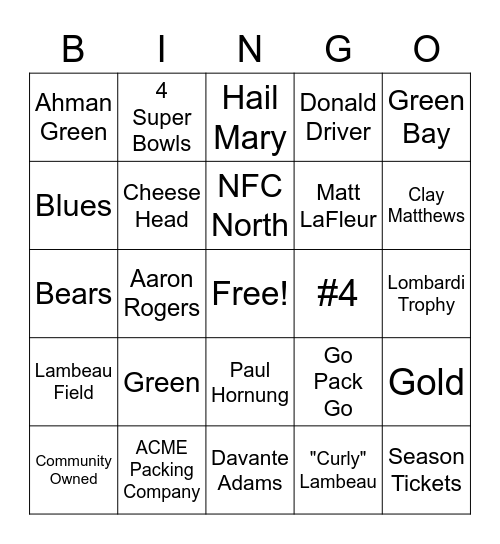 Packers Bingo Card