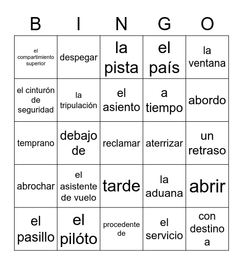 Vocabulario del Avión Bingo Card