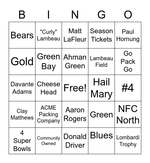 Packers Bingo Card