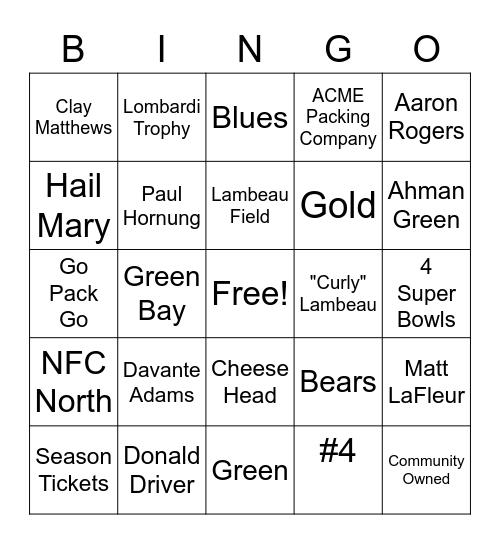 Packers Bingo Card