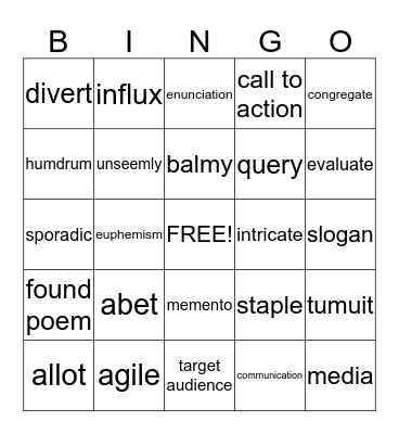 Lesson 9 Bingo Card