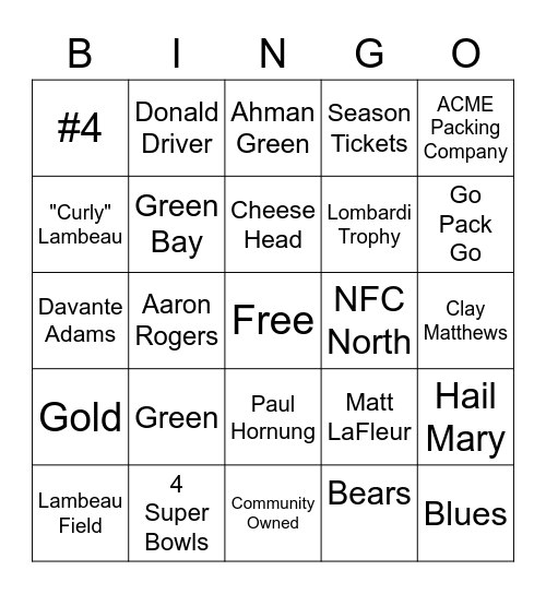 Packers Bingo Card